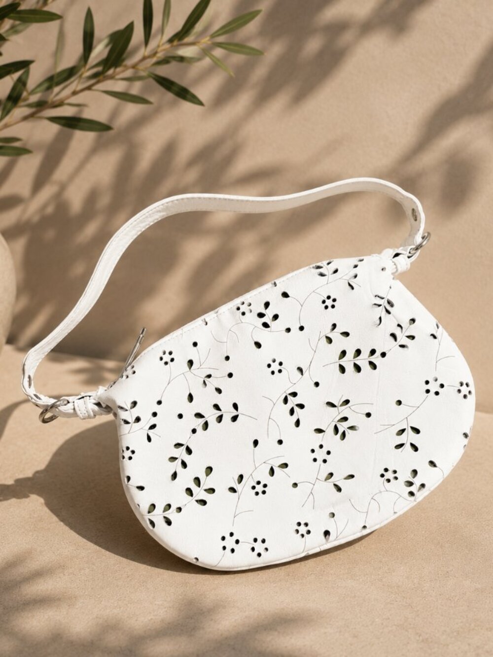 Genuine Italian Leather White Floral Cutout Shoulder Hobo Bag